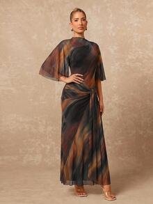 Lumalex Autumn Boat Neck Soft Flowy Mesh Multi-Layer Flared Long Sleeve Cinched Ruched-Up Ribbon Full Dress Women's Beach Birthday Wedding Dark Blue - Multicolor - View 12
