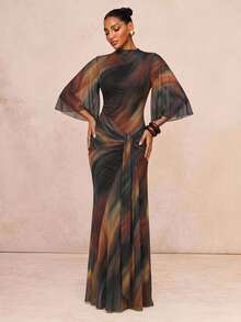 Lumalex Autumn Boat Neck Soft Flowy Mesh Multi-Layer Flared Long Sleeve Cinched Ruched-Up Ribbon Full Dress Women's Beach Birthday Wedding Dark Blue - Multicolor - View 2