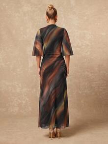 Lumalex Autumn Boat Neck Soft Flowy Mesh Multi-Layer Flared Long Sleeve Cinched Ruched-Up Ribbon Full Dress Women's Beach Birthday Wedding Dark Blue - Multicolor - View 11