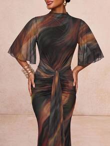 Lumalex Autumn Boat Neck Soft Flowy Mesh Multi-Layer Flared Long Sleeve Cinched Ruched-Up Ribbon Full Dress Women's Beach Birthday Wedding Dark Blue - Multicolor - View 3
