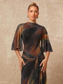 Lumalex Autumn Boat Neck Soft Flowy Mesh Multi-Layer Flared Long Sleeve Cinched Ruched-Up Ribbon Full Dress Women's Beach Birthday Wedding Dark Blue - Multicolor - View 10