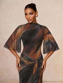 Lumalex Autumn Boat Neck Soft Flowy Mesh Multi-Layer Flared Long Sleeve Cinched Ruched-Up Ribbon Full Dress Women's Beach Birthday Wedding Dark Blue - Multicolor - View 4