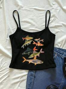 IslaSuriya Y2K Style Retro Aesthetic Cropped Camisole Top - Black - View 1
