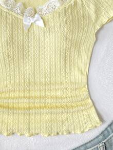 SHEIN Tween Girl Casual Lace Trim V-Neck Ribbon Bow Decor Fitted Stretchy Ribbed Short Sleeve Solid Color T-Shirt Top, Yellow - Yellow - View 4
