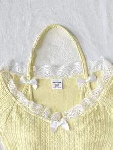 SHEIN Tween Girl Casual Lace Trim V-Neck Ribbon Bow Decor Fitted Stretchy Ribbed Short Sleeve Solid Color T-Shirt Top, Yellow - Yellow - View 6