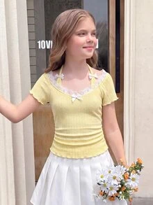 SHEIN Tween Girl Casual Lace Trim V-Neck Ribbon Bow Decor Fitted Stretchy Ribbed Short Sleeve Solid Color T-Shirt Top, Yellow - Yellow - View 2