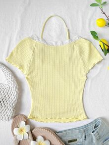 SHEIN Tween Girl Casual Lace Trim V-Neck Ribbon Bow Decor Fitted Stretchy Ribbed Short Sleeve Solid Color T-Shirt Top, Yellow - Yellow - View 5