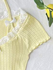 SHEIN Tween Girl Casual Lace Trim V-Neck Ribbon Bow Decor Fitted Stretchy Ribbed Short Sleeve Solid Color T-Shirt Top, Yellow - Yellow - View 3
