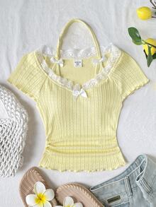 SHEIN Tween Girl Casual Lace Trim V-Neck Ribbon Bow Decor Fitted Stretchy Ribbed Short Sleeve Solid Color T-Shirt Top, Yellow - Yellow - View 1