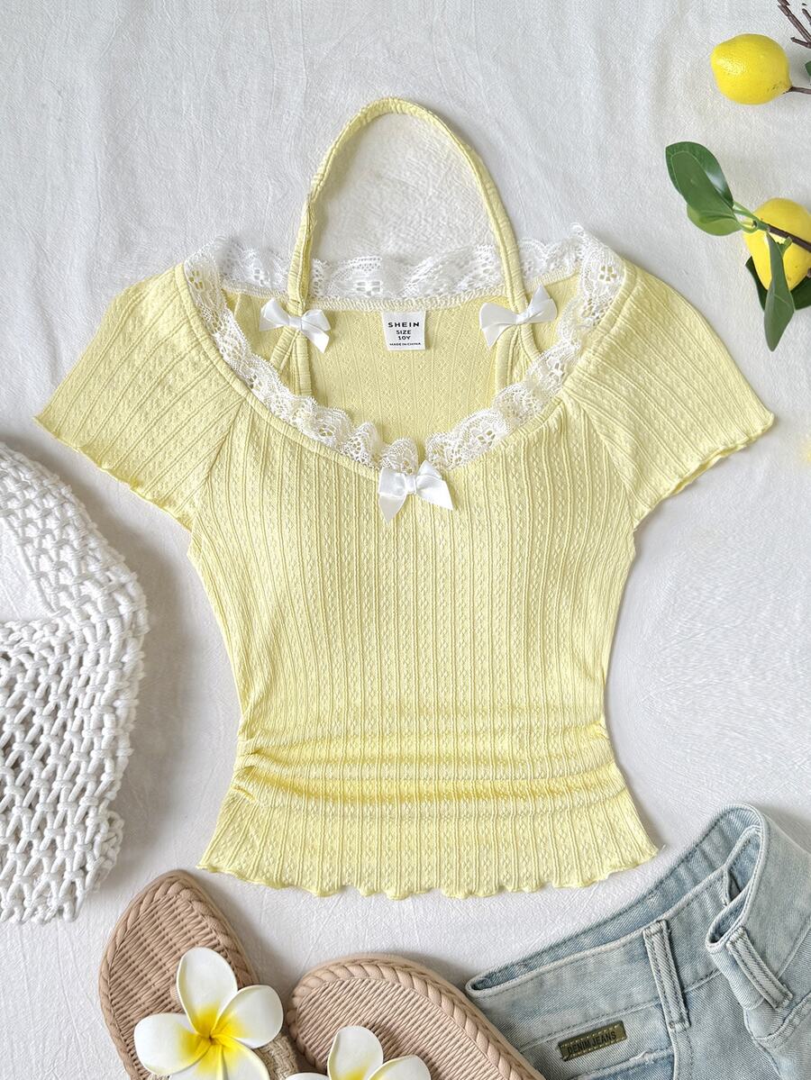 SHEIN Tween Girl Casual Lace Trim V-Neck Ribbon Bow Decor Fitted Stretchy Ribbed Short Sleeve Solid Color T-Shirt Top, Yellow - Yellow - View 1