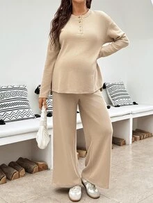 SHEIN Maternity Solid Color Long Sleeve Top And Adjustable Waist Long Pants Casual Daily 2 Pieces Set,Autumn Outfit For Women Fall - Khaki - View 9