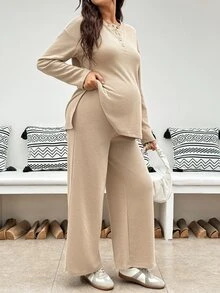 SHEIN Maternity Solid Color Long Sleeve Top And Adjustable Waist Long Pants Casual Daily 2 Pieces Set,Autumn Outfit For Women Fall - Khaki - View 6