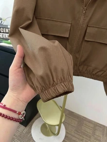 SHEIN Teen Girl Woven Solid Color Patch Pocket Short Loose Casual Hooded Autumn Winter Jacket , Holiday - Multicolor - View 4