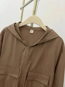 SHEIN Teen Girl Woven Solid Color Patch Pocket Short Loose Casual Hooded Autumn Winter Jacket , Holiday - Multicolor - View 11