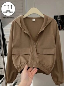 SHEIN Teen Girl Woven Solid Color Patch Pocket Short Loose Casual Hooded Autumn Winter Jacket , Holiday - Multicolor - View 6