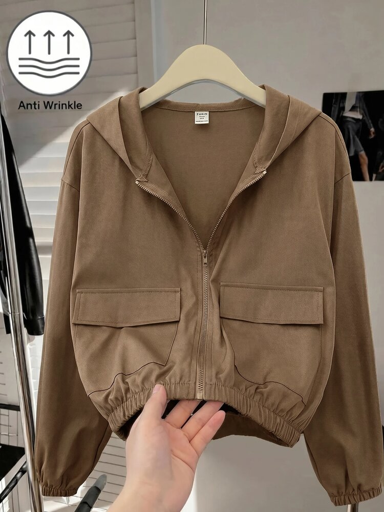 SHEIN Teen Girl Woven Solid Color Patch Pocket Short Loose Casual Hooded Autumn Winter Jacket , Holiday - Multicolor - View 6