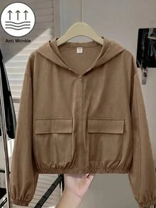 SHEIN Teen Girl Woven Solid Color Patch Pocket Short Loose Casual Hooded Autumn Winter Jacket , Holiday - Multicolor - View 9