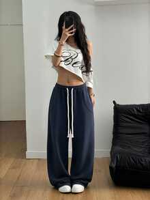 SHEIN Tall CURVE 大码女式街头风外出休闲裤，大码弹力腰带，舒适灰色筒状裤腿 - 藏蓝色 - 查看 5
