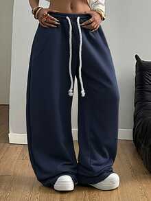 SHEIN Tall CURVE 大码女式街头风外出休闲裤，大码弹力腰带，舒适灰色筒状裤腿 - 藏蓝色 - 查看 7