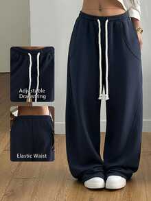 SHEIN Tall CURVE 大码女式街头风外出休闲裤，大码弹力腰带，舒适灰色筒状裤腿 - 藏蓝色 - 查看 8