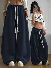 SHEIN Tall CURVE 大码女式街头风外出休闲裤，大码弹力腰带，舒适灰色筒状裤腿 - 藏蓝色 - 查看 6
