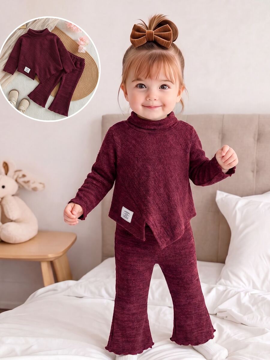 SHEIN Vintaside Kids 女嬰針織套裝,酒紅色高領上衣燈籠褲,秋季穿著,幼兒,可愛派對家庭套裝里程碑圖案 - 酒紅色 - 查看 1