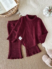 SHEIN Vintaside Kids 女嬰針織套裝，酒紅色高領上衣燈籠褲，秋季穿著，幼兒，可愛派對家庭套裝里程碑圖案 - 酒紅色 - 查看 4