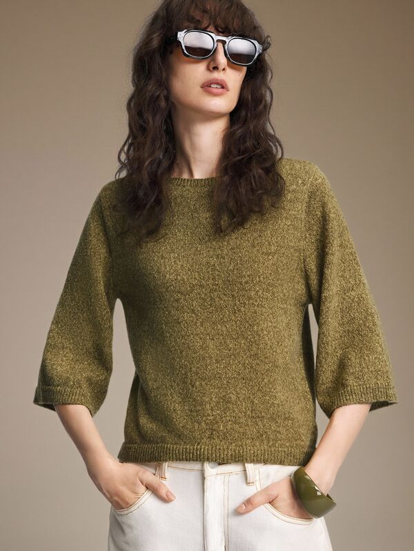Ontre 2026 New Autumn Women's Loose Fit Army Green Striped 3/4 Sleeve Knit Sweater, Boat Neck Batwing Sleeve Knit Top, Casual Commute Urban Modern Minimalist Elegant Tea Party Independence Day Old Money Style Teacher Office Wear Holiday Vacation Date Outing Fashion Versatile Women's Sweater
