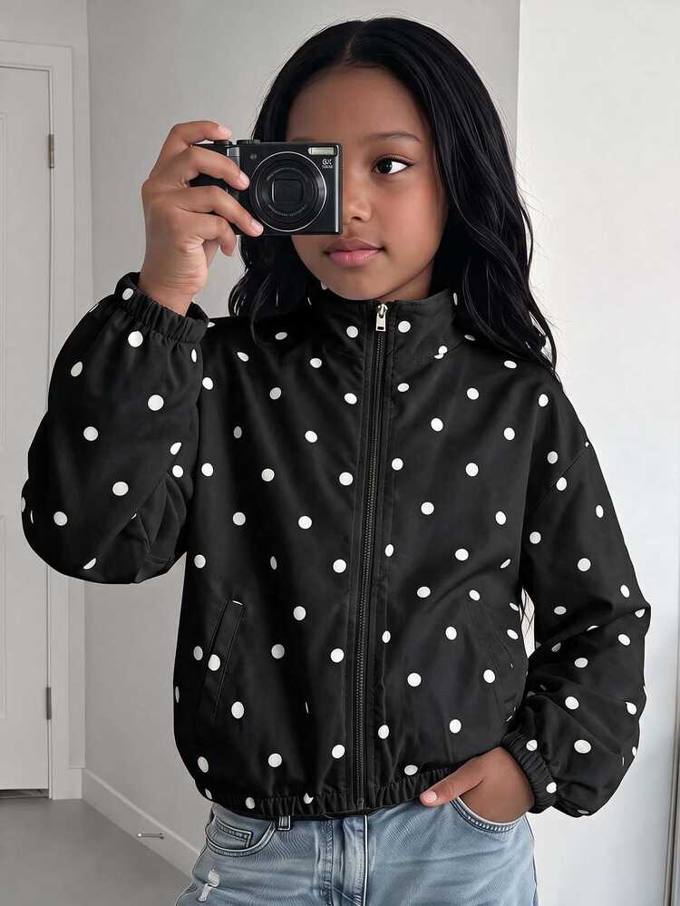 SHEIN Tween Girl Tween Girl Tween Girl Tween Girls Coats Autumn New Polka Dot Pattern Loose Stand Collar Jacket - Black - View 1