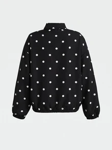 SHEIN Tween Girl Tween Girl Tween Girl Tween Girls Coats Autumn New Polka Dot Pattern Loose Stand Collar Jacket - Black - View 2