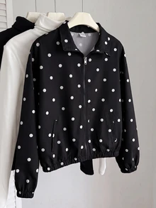 SHEIN Tween Girl Tween Girl Tween Girl Tween Girls Coats Autumn New Polka Dot Pattern Loose Stand Collar Jacket - Black - View 4