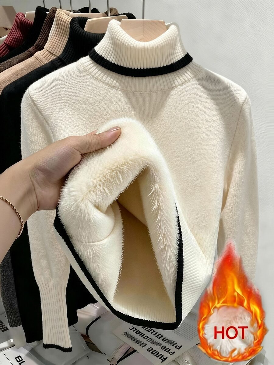 Franclia وصول جديد كنزة صوفية نسائية أنيقة بتصميم كتل لونية مبطنة بالصوف بياقة عالية للخريف والشتاء - بيج - مشاهدة 1