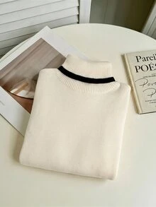 Franclia 新款女款時尚拼色抓絨內裡高領套頭毛衣，適合秋冬穿著 - 米色 - 查看 5