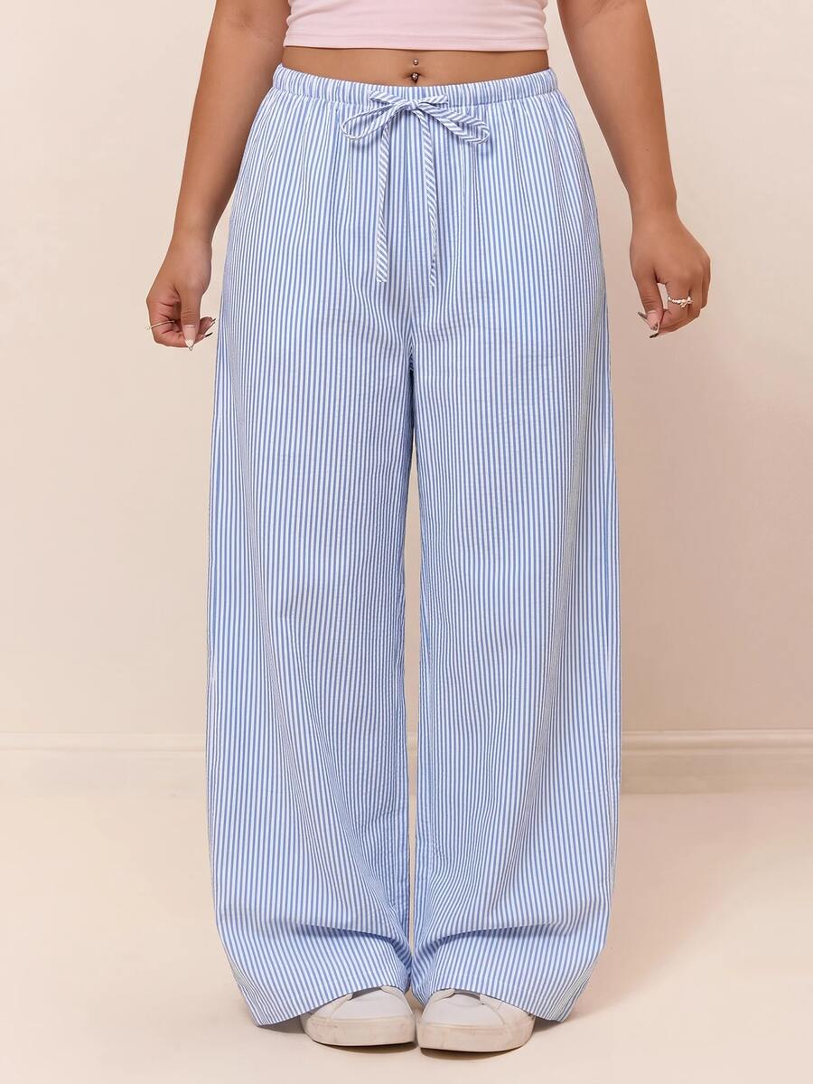 CovetEZ Comfortable Cotton Blend White Casual Drawstring Plus Size Long Pants Vacation Office Autumn - Blue - View 1