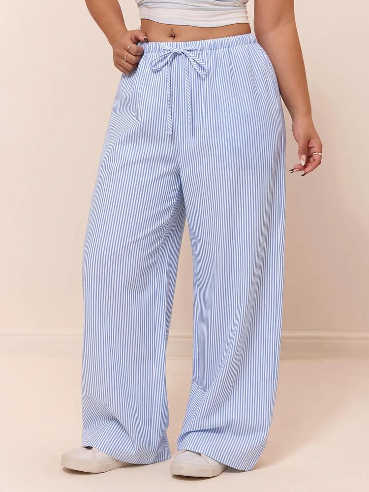 CovetEZ Comfortable Cotton Blend White Casual Drawstring Plus Size Long Pants Vacation Office Autumn - Blue - View 5