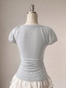 Attitoon 女款純色百褶修身百搭休閒短袖T恤 - 淺灰色 - 查看 2
