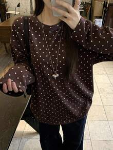 DAZY 女款圓領長袖咖啡棕色與白色波點印花寬鬆休閒長版T恤 秋季 - 咖啡棕 - 查看 4