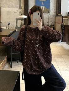 DAZY 女款圓領長袖咖啡棕色與白色波點印花寬鬆休閒長版T恤 秋季 - 咖啡棕 - 查看 5