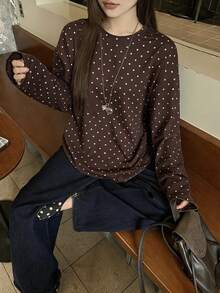 DAZY 女款圓領長袖咖啡棕色與白色波點印花寬鬆休閒長版T恤 秋季 - 咖啡棕 - 查看 3