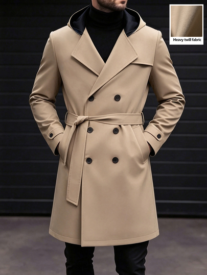 Manfinity Mode Men's Khaki Double-Breasted Mid-Length Hooded Trench Coat, Casual Commuter Jacket