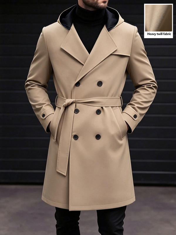 Manfinity Mode Men's Khaki Double-Breasted Mid-Length Hooded Trench Coat, Casual Commuter Jacket