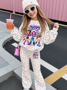 女童小女孩字母卡通印花長袖運動衫與運動長褲休閒日常套裝 - 彩色 - 查看 6