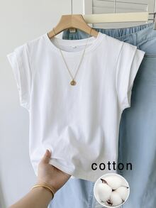 SHEIN 青少年女孩白色圓領雙層寬版無袖T恤，適合休閒日常穿著，春/夏季 - 白色 - 查看 3