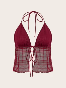 SHEIN ICON Split Hem Tie Backless Mesh Halter Y2k Top - Burgundy - View 3
