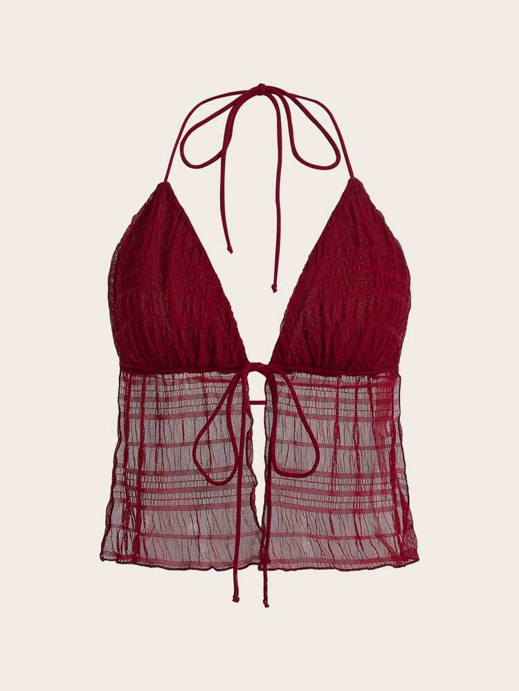SHEIN ICON 分裂式下擺打結無背網眼Y2K領帶上衣 - 酒紅色 - 查看 1