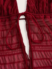 SHEIN ICON Split Hem Tie Backless Mesh Halter Y2k Top - Burgundy - View 6