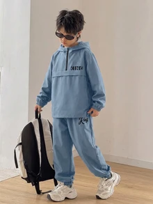SHEIN 2件組兒童青少年男孩半拉鍊連帽外套與慢跑長褲套裝，休閒運動風，適合秋冬 - 藍色 - 查看 6