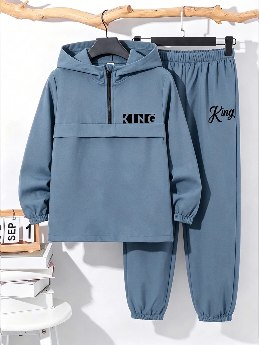 SHEIN 2件組兒童青少年男孩半拉鍊連帽外套與慢跑長褲套裝,休閒運動風,適合秋冬 - 藍色 - 查看 1