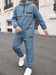 SHEIN 2件組兒童青少年男孩半拉鍊連帽外套與慢跑長褲套裝，休閒運動風，適合秋冬 - 藍色 - 查看 5