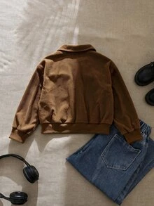 女童大童黑色拉鍊翻領羅紋袖口街頭風酷感百搭機車 PU 皮革寬鬆夾克，秋冬穿搭 - 棕色 - 查看 2